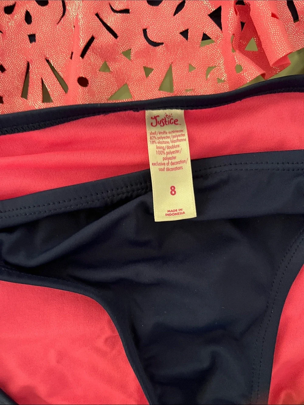 Justice Pink Laser-Cut Ruffle Bikini with Navy Bottoms